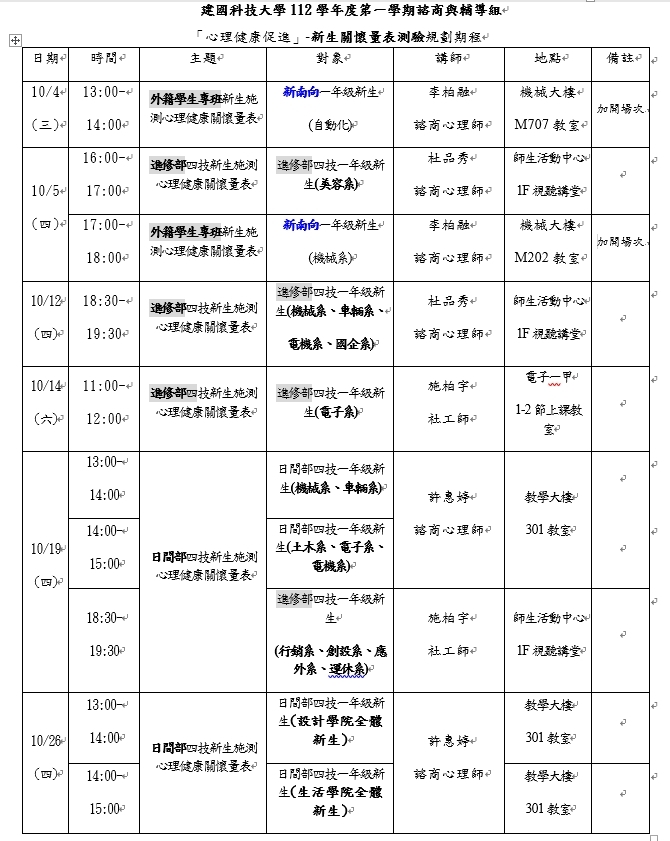 新生施測期程表(含新南向)