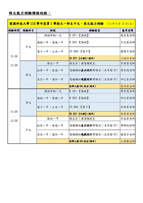 建國科技大學『114學年度 新生導航 課程進度表』圖片